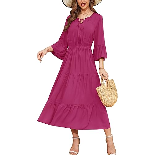 VIISHOW Womens 3/4 Sleeve Casual Bohemian Midi Dress