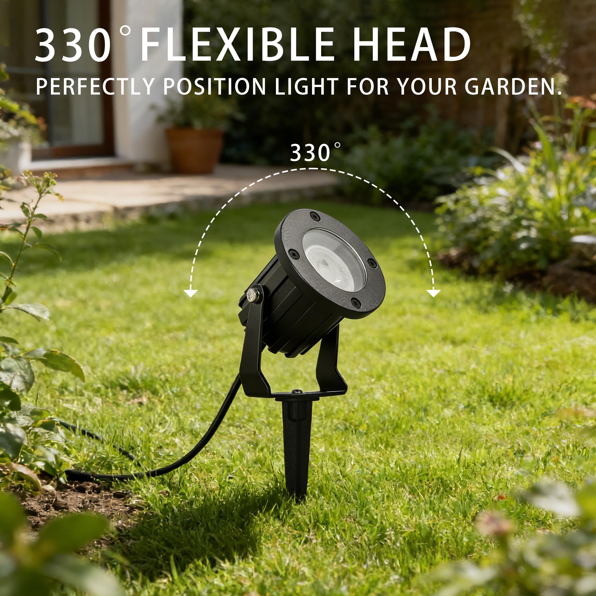 LED Gartenstrahler mit Erdspieß für Außen, IP65 wasserdichte Gartenbeleuchtung mit Strom, schwenkbar, inkl. 5W GU10 3000K Warmweiß, 2m Kabel mit Stecker, Schwarz, 4 Stück