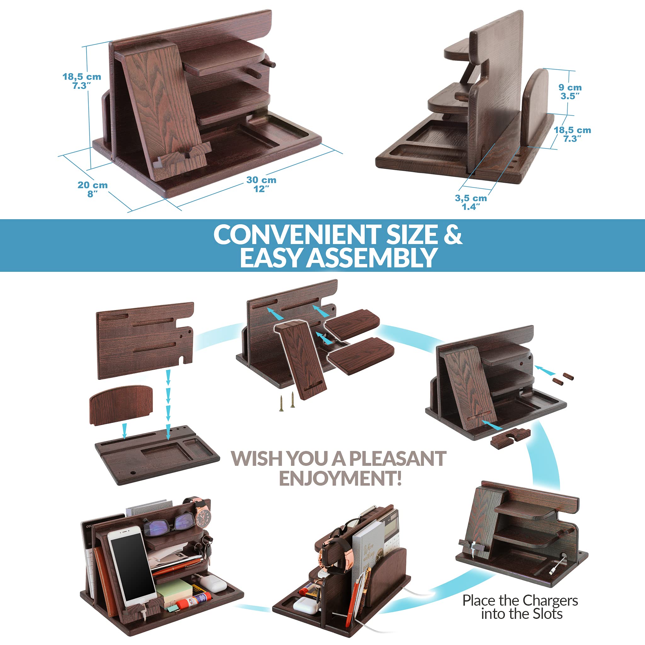 TESLYAR Organiseur Multifonctionnel en Bois Crochets Support Téléphone Bureau Homme Cadeau Anniversaire Fête des Pères Rangement Bureau Docking Station Porte Montre Cadeau Original Utile Mari Papa