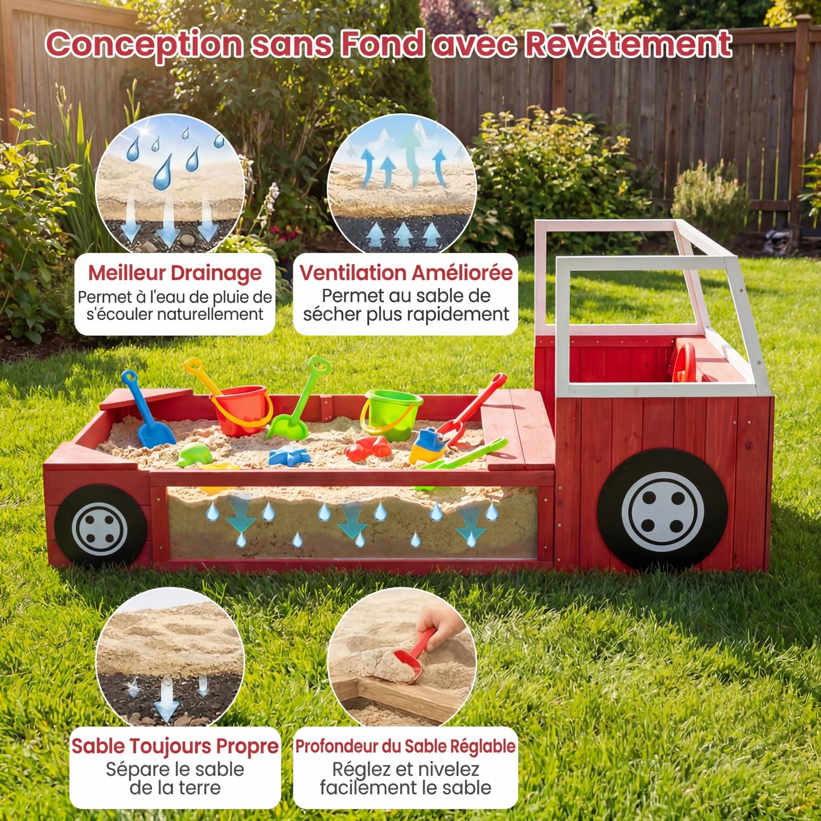 COSTWAY Bac à Sable Enfant Extérieur en Forme Camion Pompiers avec Bancs, Bac à Sable en Sapin avec Volant Rotatif et Doublure, Charge 100kg pour 18 Mois+, Jeux Extérieur Sensoriel pour Jardin Plage