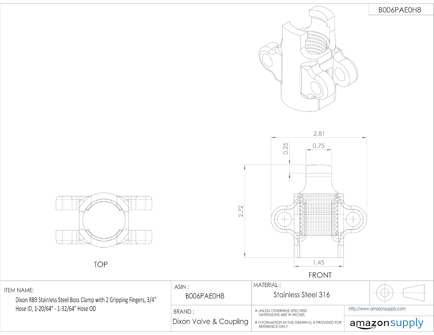 Dixon RB9 Stainless Steel Boss Clamp with 2 Gripping Fingers, 3/4" Hose ID, 1-20/64" - 1-32/64" Hose OD