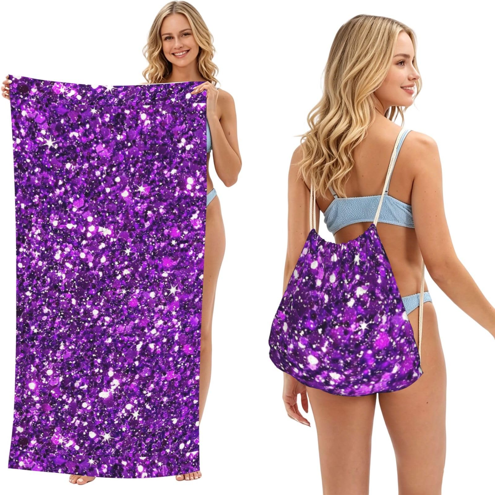 Poadnly As Picture Glitter Sparkles Shimmer Printing, 2 In 1 Packable Towel Bag, Beach Towels With Drawstring Backpack For Travel Holiday Camping