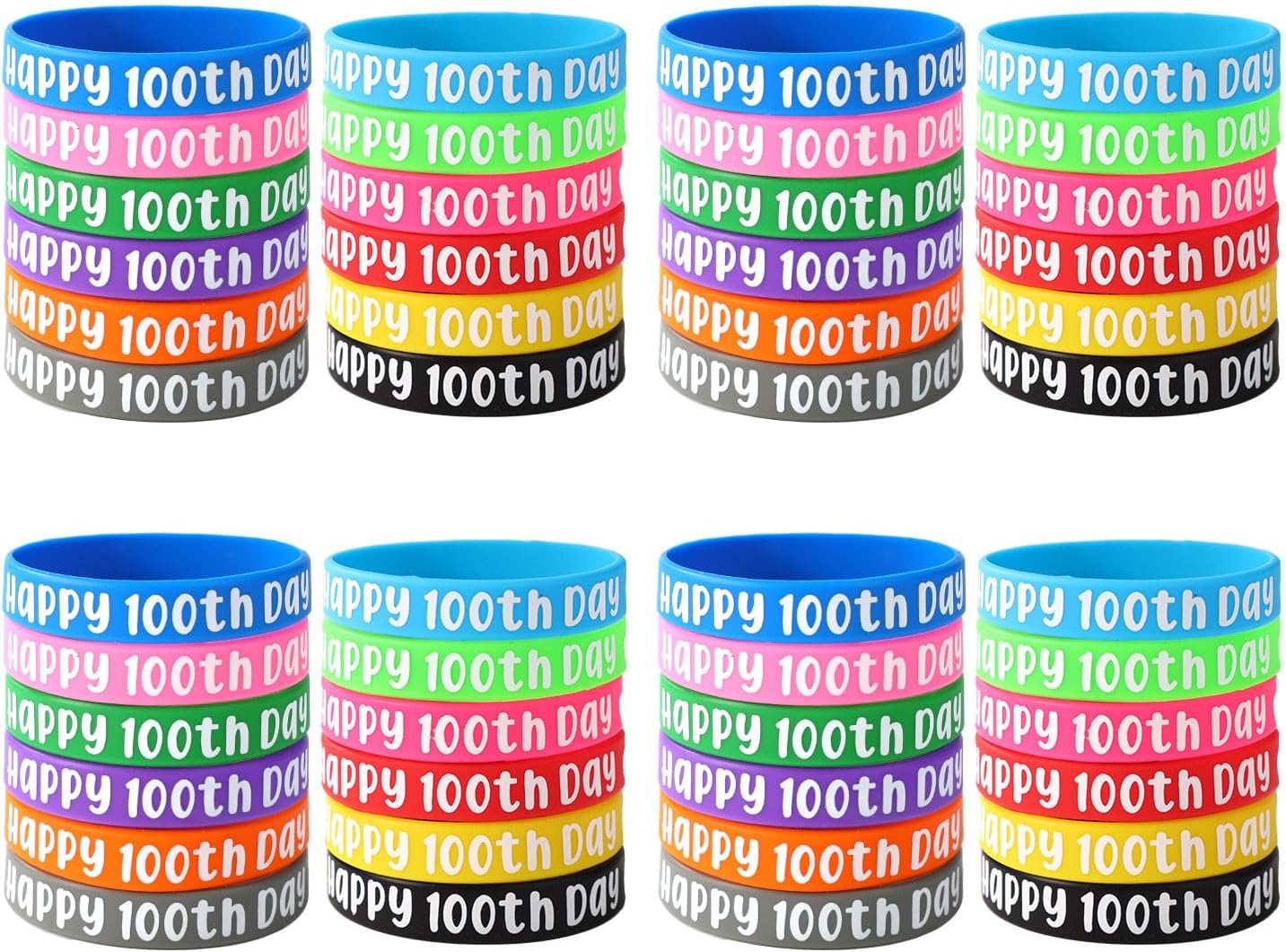 48pcs 100th Day of School Bracelets, Elastic Silicone Happy 100th Day Bracelets Multicolored Silicone Wristbands 100 Day of School Gift for Student Gift Rewards School Party Supplies