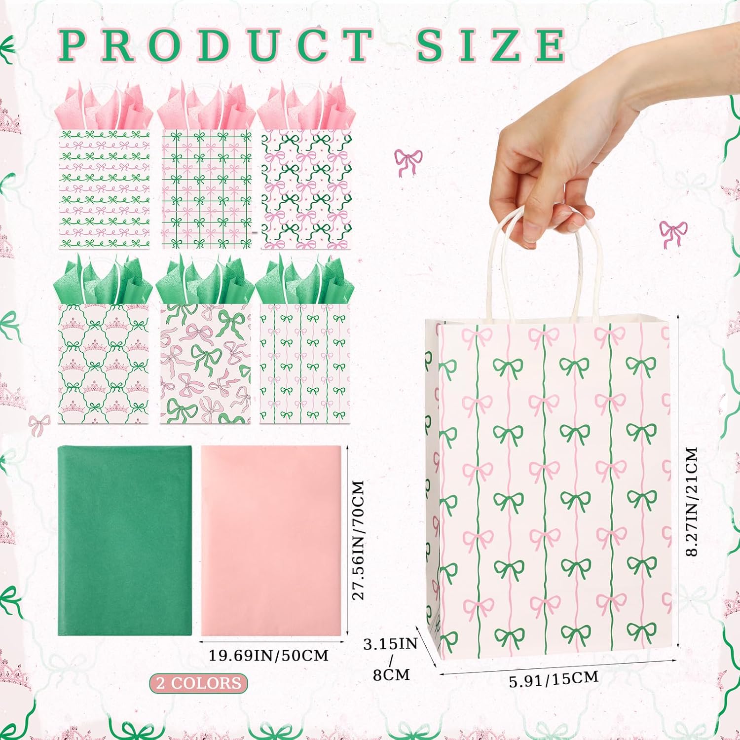 Kolldenn 30 Sets Witch and Princess Party Favors Pink and Green Bow Paper Gift Bags with Handles and Tissue Papers for Witch Theme Birthday Party Supplies - Image 2