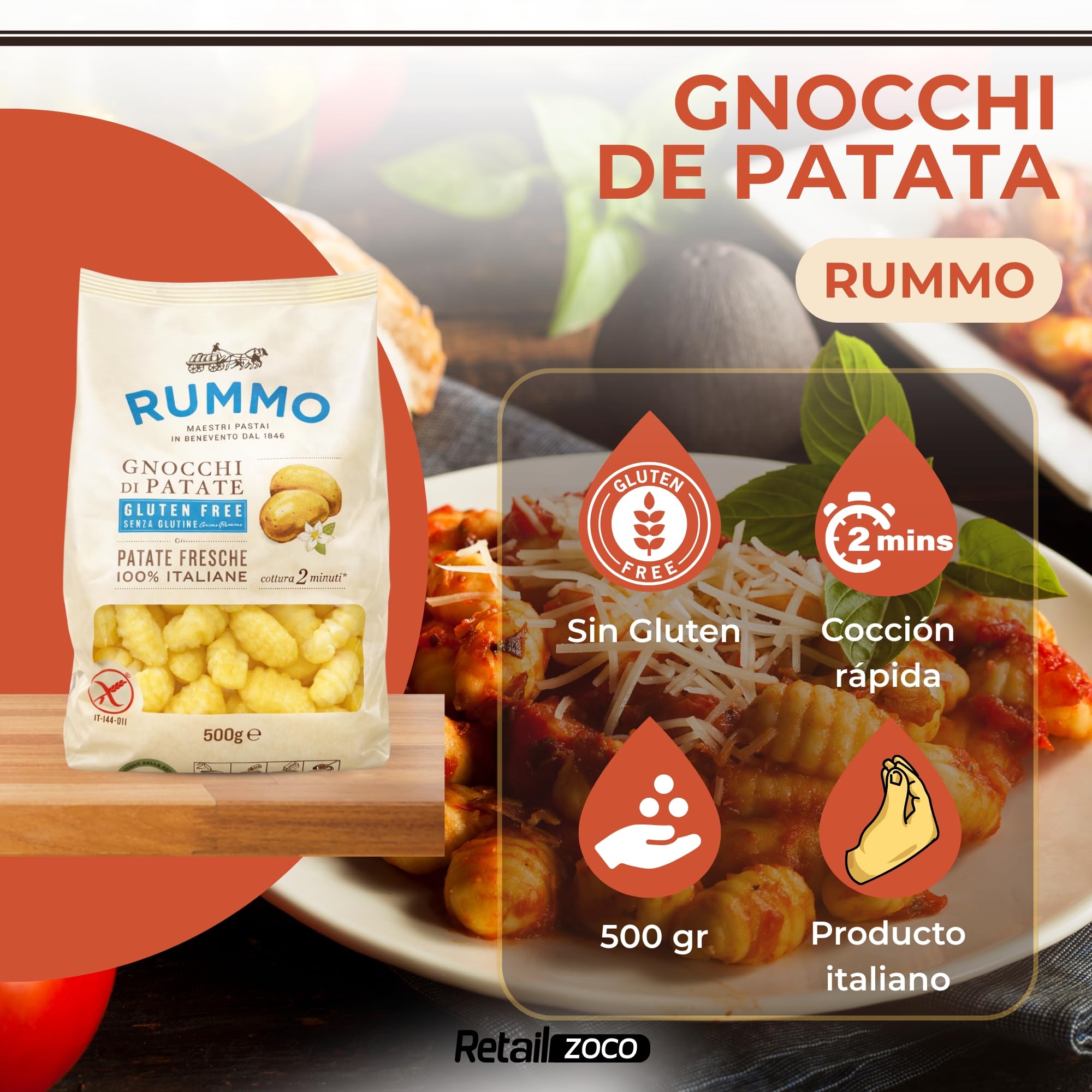 Gnocchi Rummo SIN Gluten de Patatas 65%, ñoquis sin gluten de patatas 100% Italiana, Pasta Italiana, Tiempo de cocción 2 minutos, 1 Paquete de 500 gr