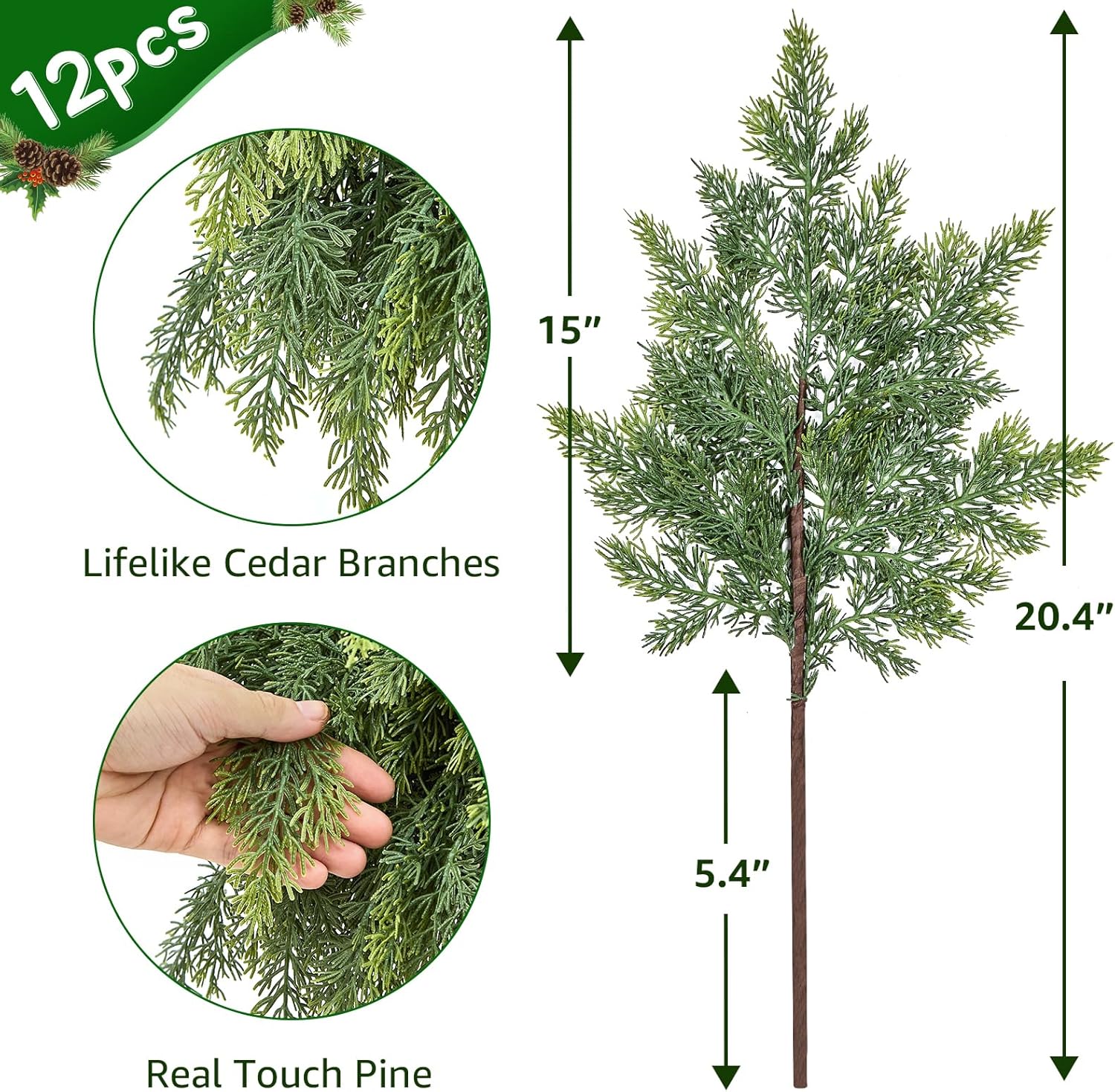 Real Touch Cedar Stems - Realistic Artificial Faux Greenery Pine Branches for Vases Fillers and Holiday Home Decor 20 inch Long, 12Pcs