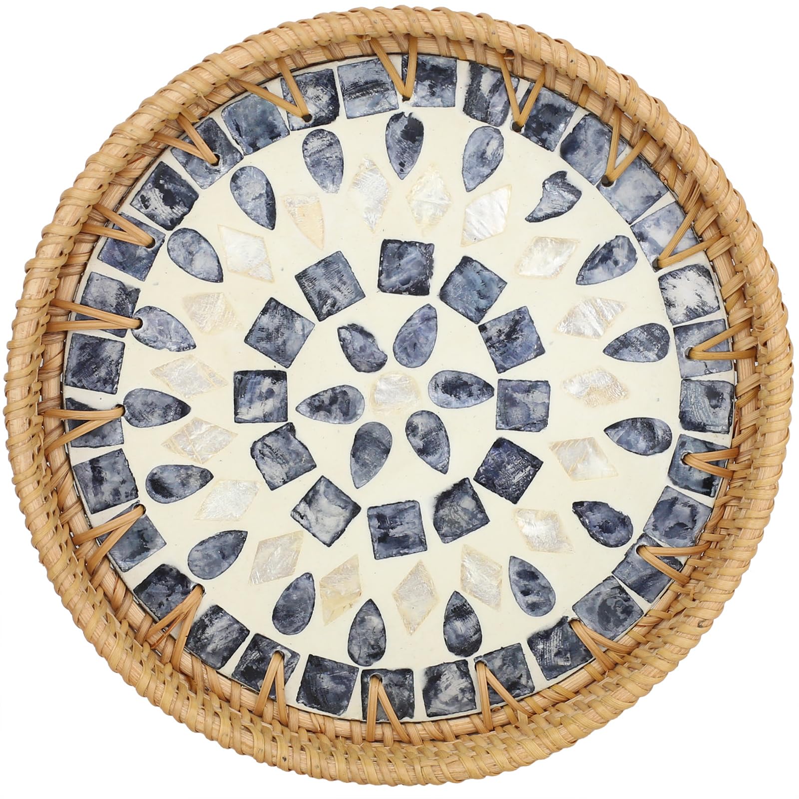 Natural woven rattan round storage tray, inlaid with mother-of-pearl, handcrafted tray suitable for snacks, bread, breakfast, etc., eco-friendly home and tabletop decoration