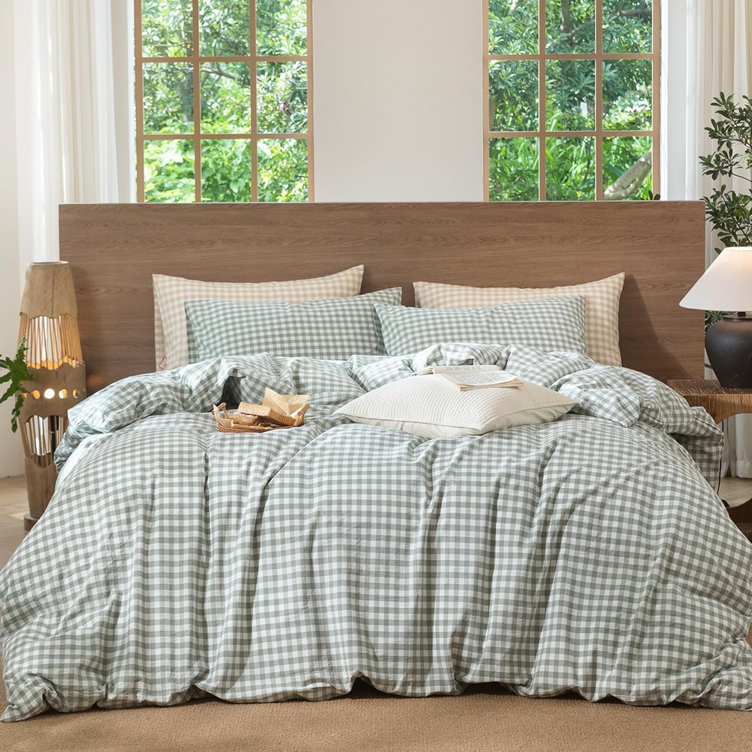 Housse de couette 200x200 vert à carreaux parure de lit adulte