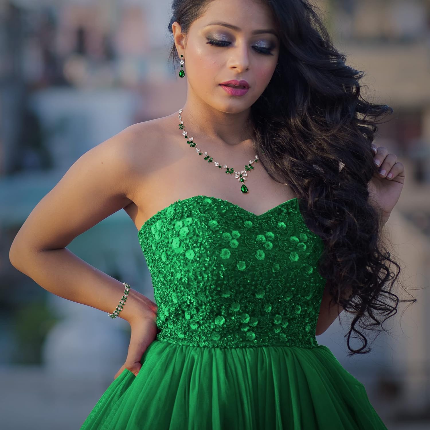 Crysdue Wedding Jewelry Set for Women, Floral Leaf Vine Teardrop Necklace Dangle Earrings Bracelet and Hair Comb, Cubic Zirconia Elegant Party Prom Jewellery for Bridal Bridesmaid - Image 3