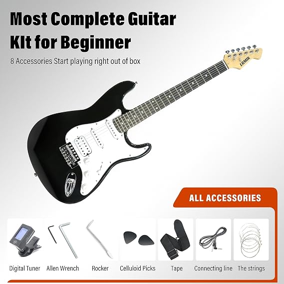 Ermik Solid Body Electric Guitar Kit with Amp 20W, Strings, Strap, Digital Tuner, Picks, Gig Bag, Cable, Tremolo Bar, 39 Full Size Guitar HSS Pickups Guitarra Electrica Beginner Gift - Black