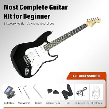 Ermik Solid Body Electric Guitar Kit with Amp 20W, Strings, Strap, Digital Tuner, Picks, Gig Bag, Cable, Tremolo Bar, 39 Full Size Guitar HSS Pickups Guitarra Electrica Beginner Gift - Black