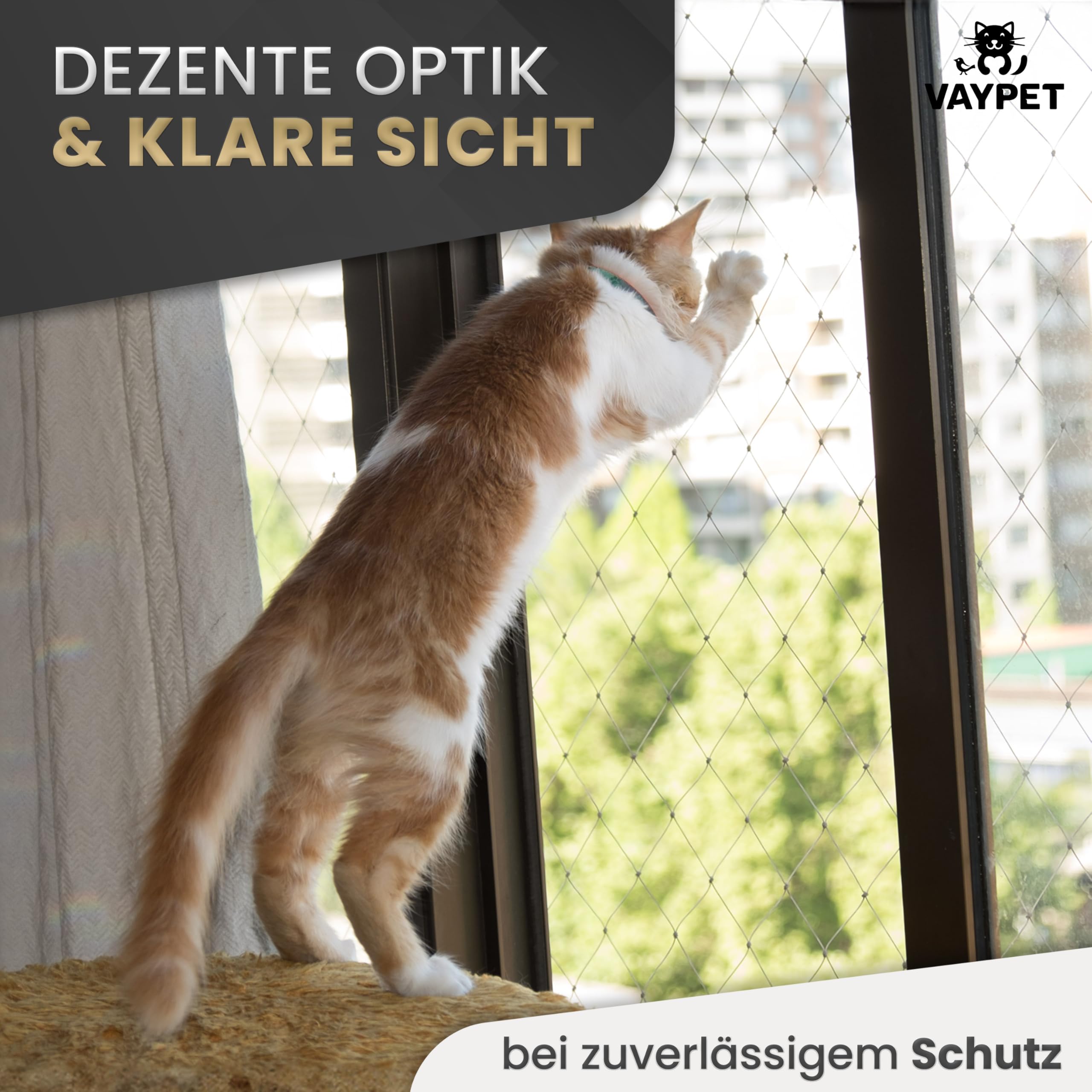 VAYPET® Katzennetz Balkon ohne Bohren [4x3m] - Balkonnetz drahtverstärkt | Inkl. Klebehaken + Silikonkleber | Wetterfestes Netz | Katzenschutznetz für Balkon, Fenster, Terrasse | Outdoor