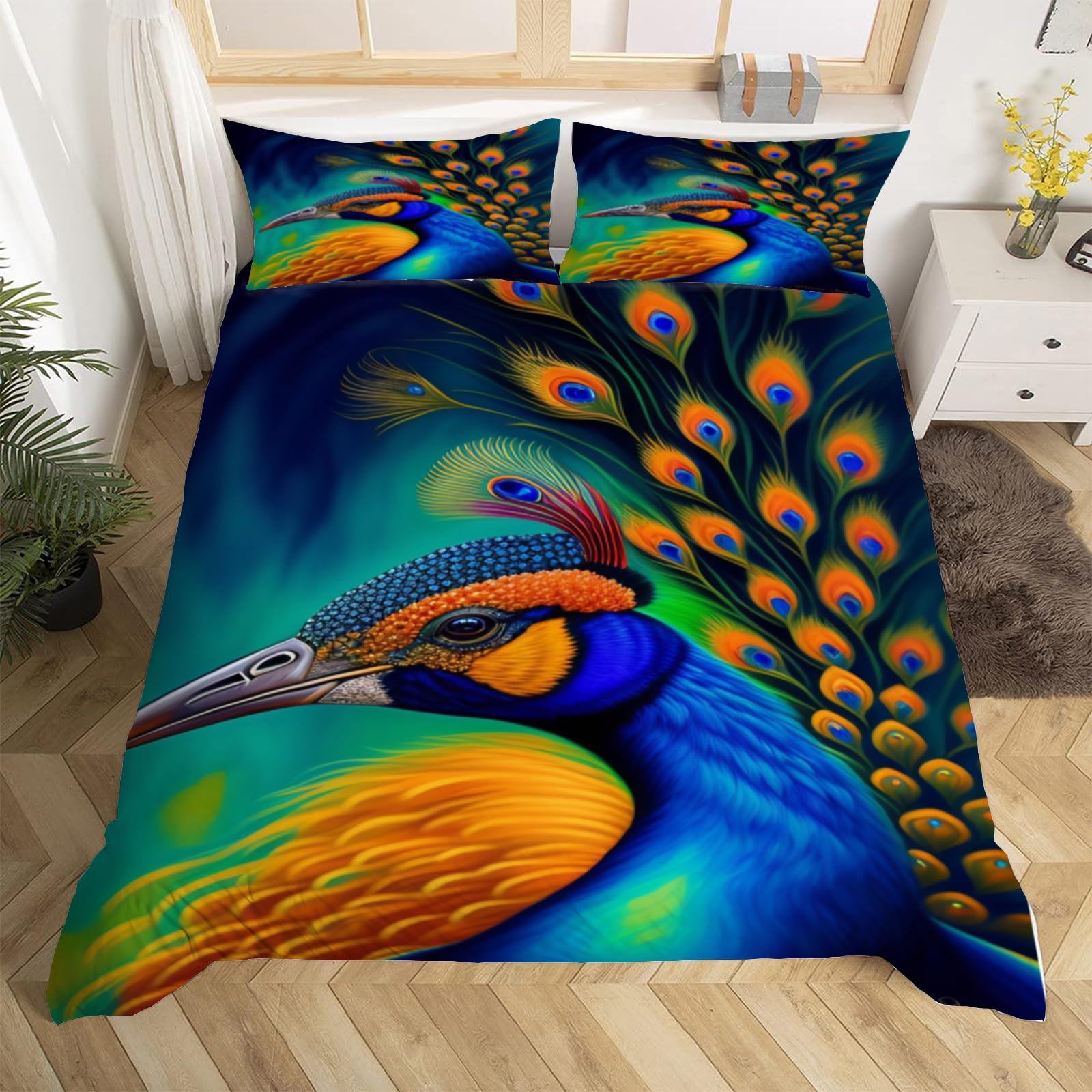 Housse de couette 220x240 paon 3D infroissable qui simplifie le lit 2 personnes