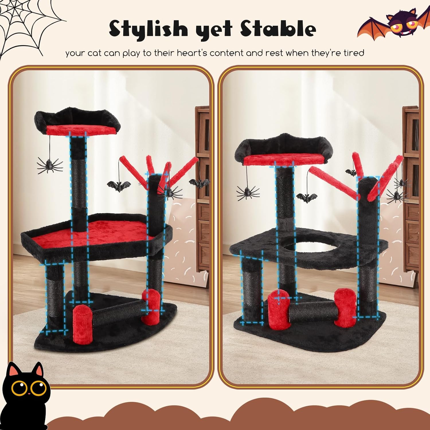 Nobleza Gothic Cat Tree with Coffin Bed, 24.4" Halloween Black Goth Cat Tree Tower for Indoor Cats, Spooky Cat Tree Stand Climber Pole with Hanging Spiders Bats for Kitten, Black Red, Small