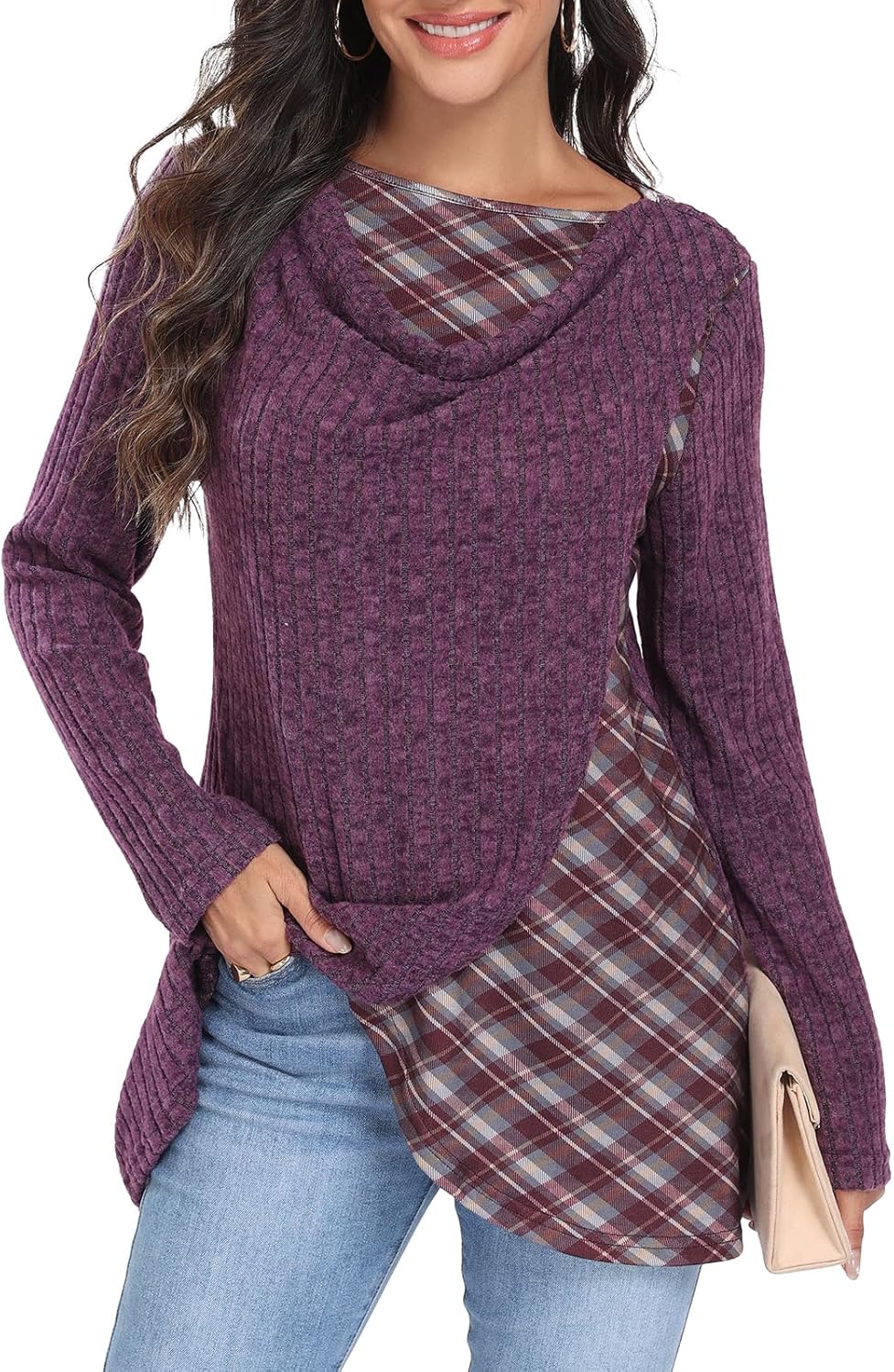 Miusey Women's Cowl Neck Tunic Sweater Long Sleeve Knit Pullover with Plaid Patchwork for Fall Winter Casual & Christmas Wear - Image 4
