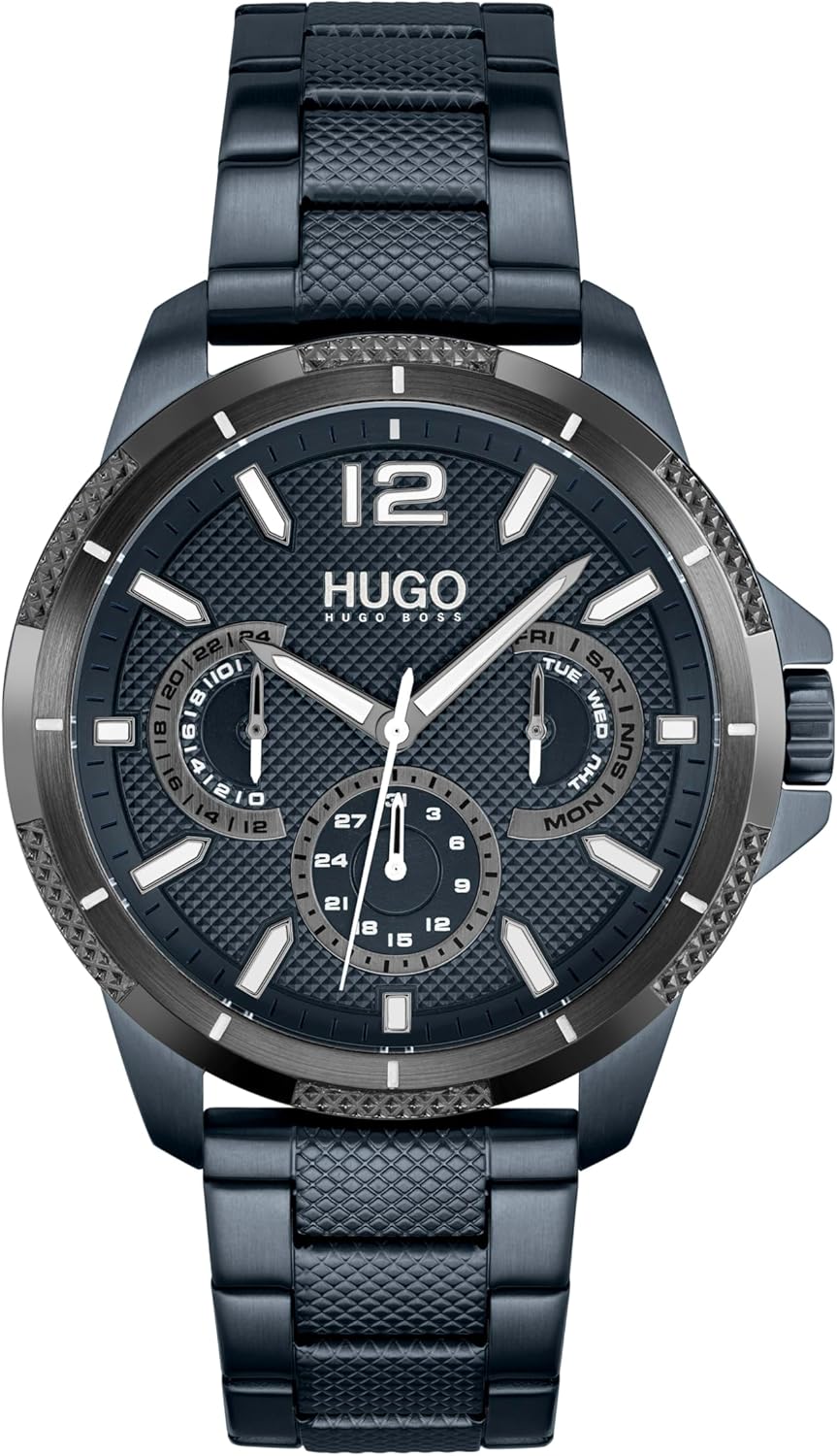 HUGO #Sport Men's Multifunction Stainless Steel and Link Bracelet Casual Watch, Color: Blue (Model: 1530194)