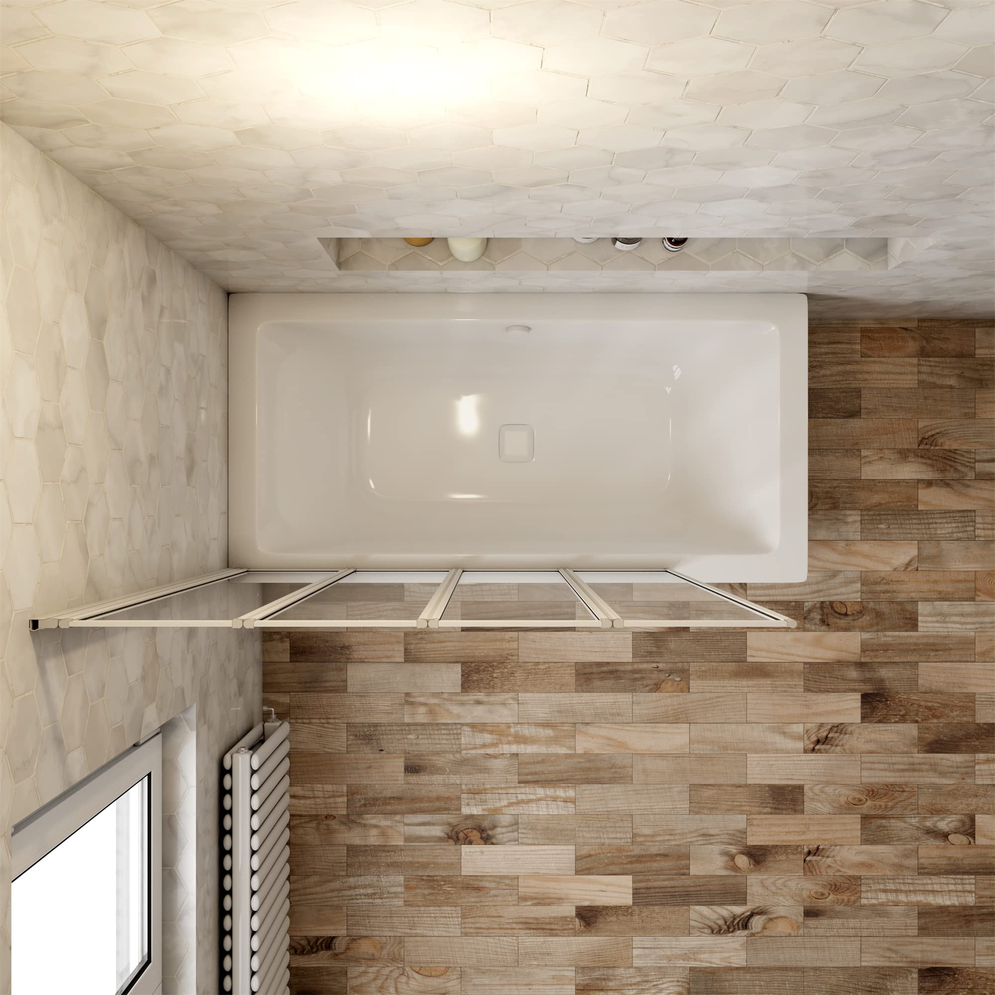 Mampara Ducha para Bañera - 4 Hojas Plegables - Vidrio Templado 4mm - Perfil Blanco/Gris Mate - (890-900) X1400mm