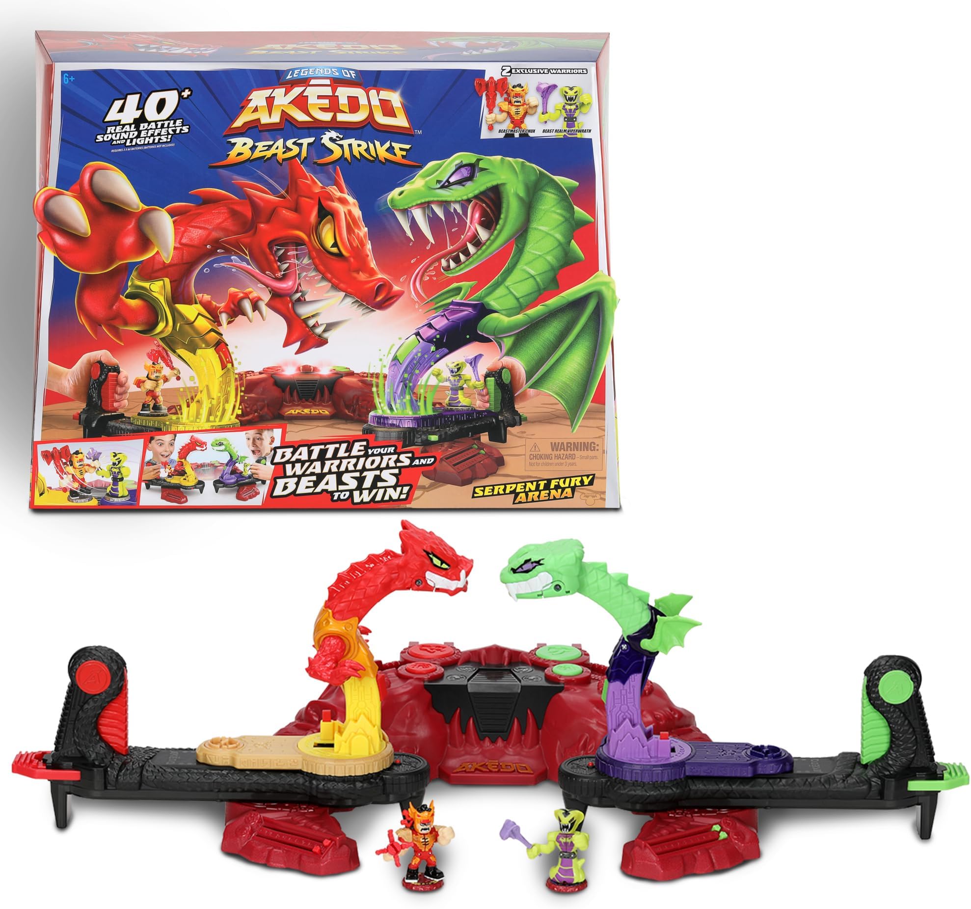 Legends of Beast Strike Serpent Fury Arena. Battle Your Warriors and Battle Your Beasts to Win! with 40+ Real Sound Effects and Lights and 2 Exclusive Warriors.