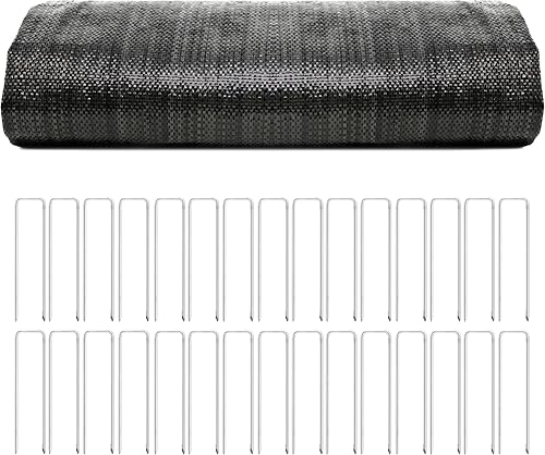 REKVEN - Geotextil tejido de grado comercial, capa base de tela de entrada y barrera de malezas con 35 pines en U (30 x 12.5 pies)