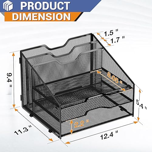 Miniatura 2 de Organizador de bandeja de cartas, organizador de archivos de escritorio de malla con 3 bandejas de papel y 2 secciones verticales verticales, en
