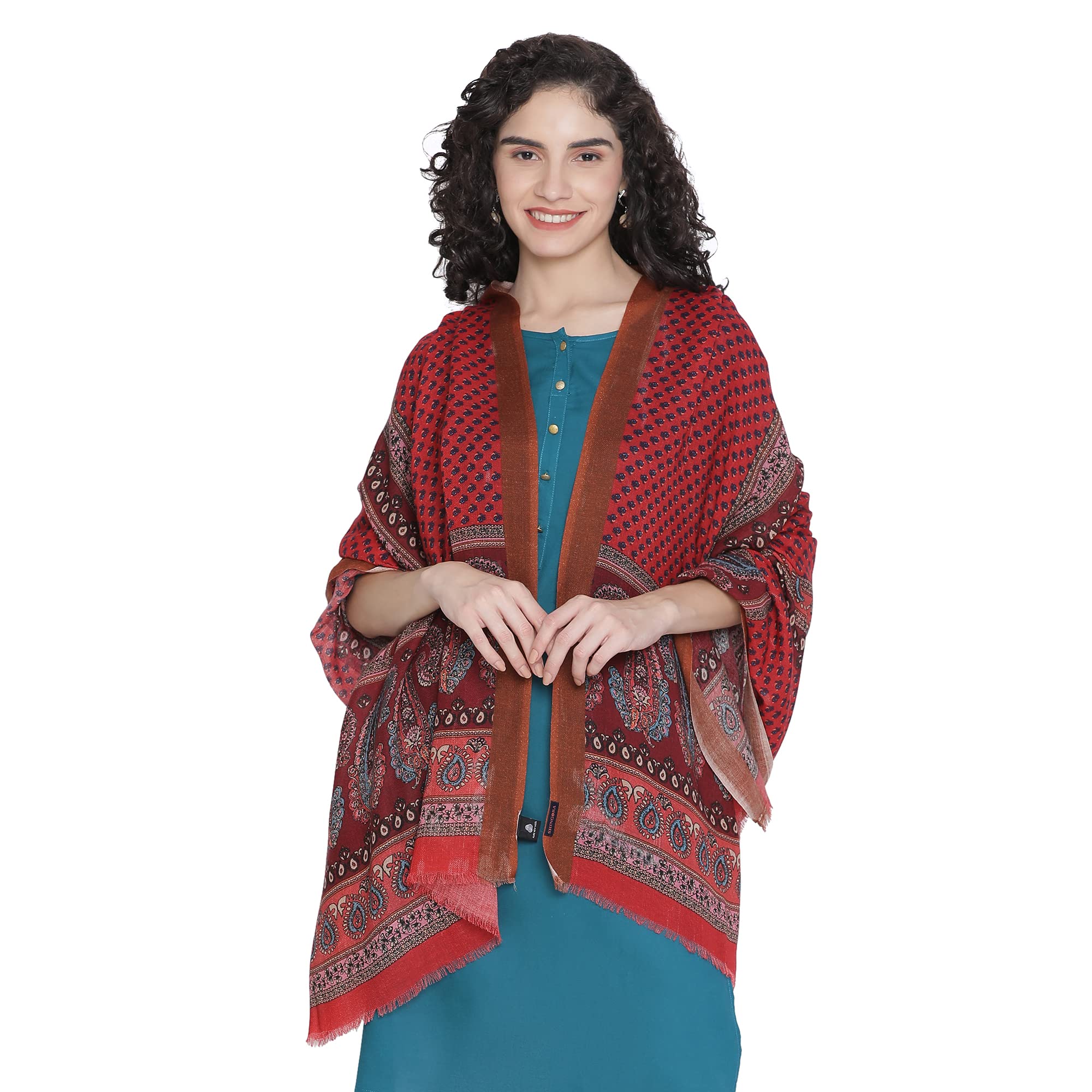 Maroon Pure Wool Jacquard Fringed Shawl For Women-image-31