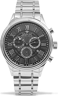 LOUIS XVI Herren-Armbanduhr Danton Silber Schwarz Stahlband Römische Zahlen Chronograph Analog Quarz Edelstahl 1032