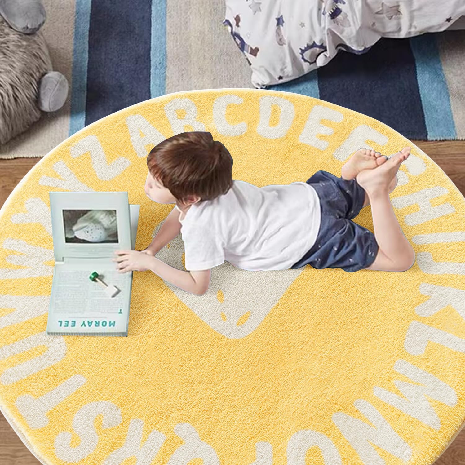 Round Kids' Rug,Yellow Hearts ABC Alphabet Nursery Area Rug, Non-Slip Mat, Carpet for Living Room (4 feet)