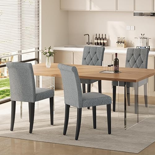 Juego de 4 sillas de comedor tapizadas, sillas de comedor Parsons con botones copetudos con patas de madera maciza, silla lateral de tela moderna
