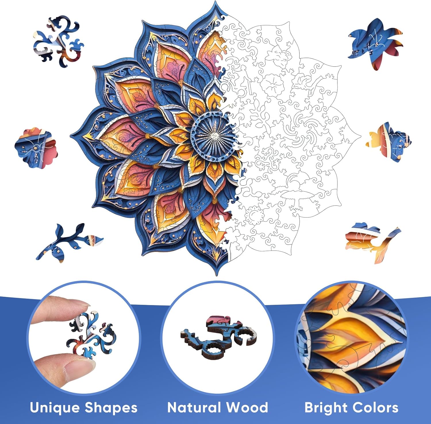 Pikoqunc Mandala Wooden Puzzles for Adults,463 Pcs Unique Shape Jigsaw Puzzle, Mindfulness Yoga Gift for Women, Relaxing Stress Relief Game, Fun Challenge Family Game (16.5"x16.5")