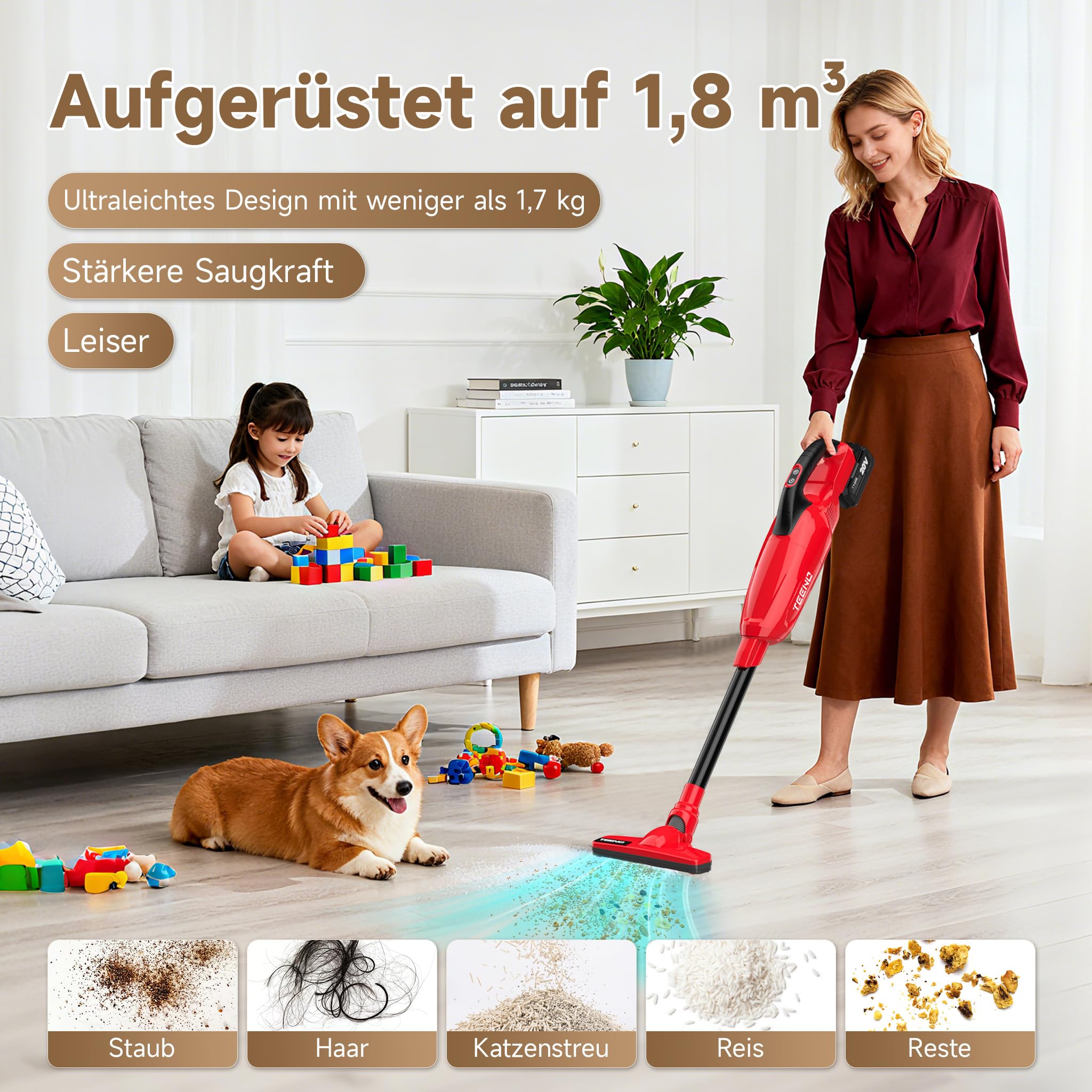 TEENO Akku Staubsauger Lithium 150W/13KPA mit 4Ah Li-Ion Akku für Haus, Auto, Büro & Sofa