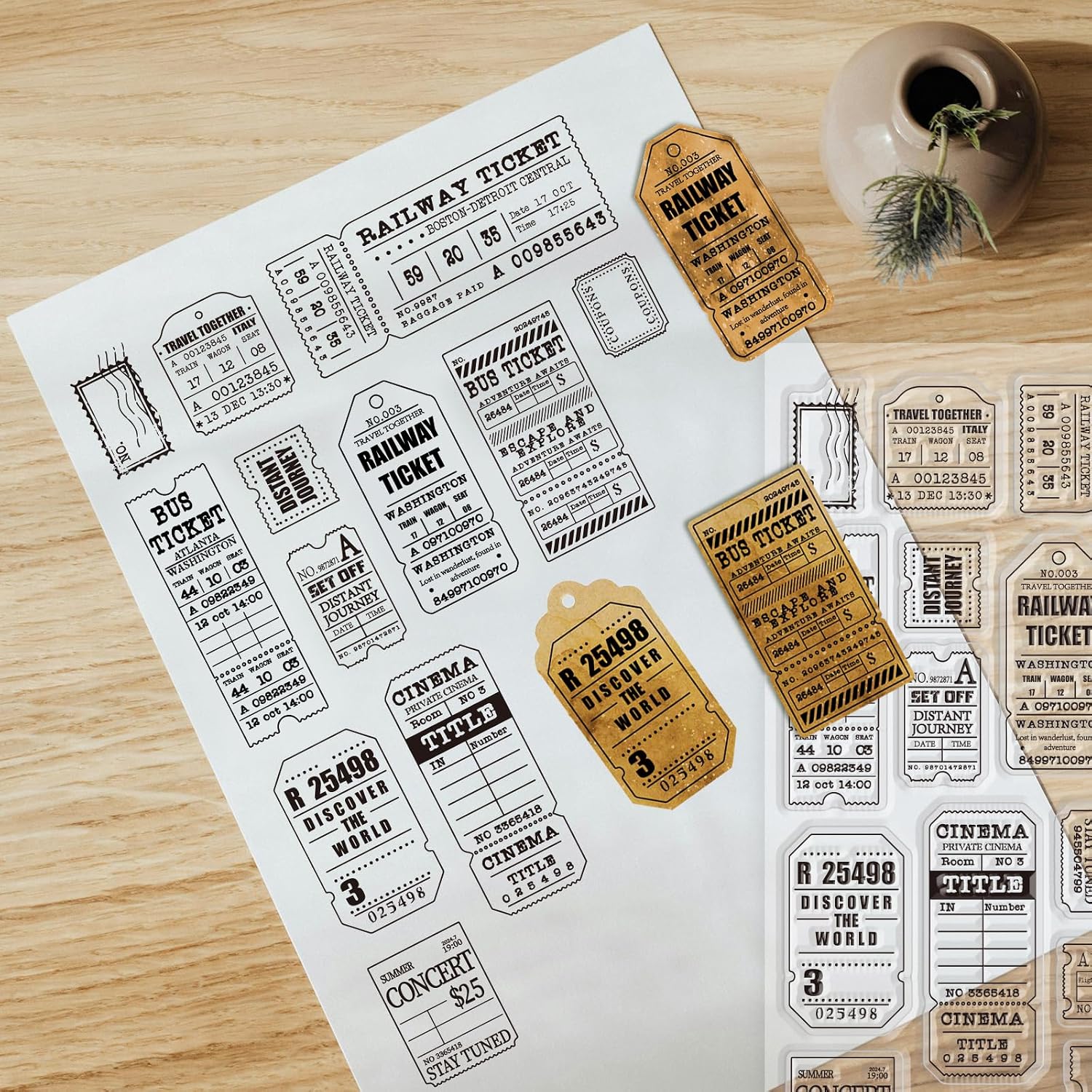 GLOBLELAND Retro Travel Ticket Clear Stamps for Cards Making Vintage Movie Ticket Background Clear Stamp Seals 5.83x8.27inch Transparent Stamps for DIY Scrapbooking Photo Album Journal