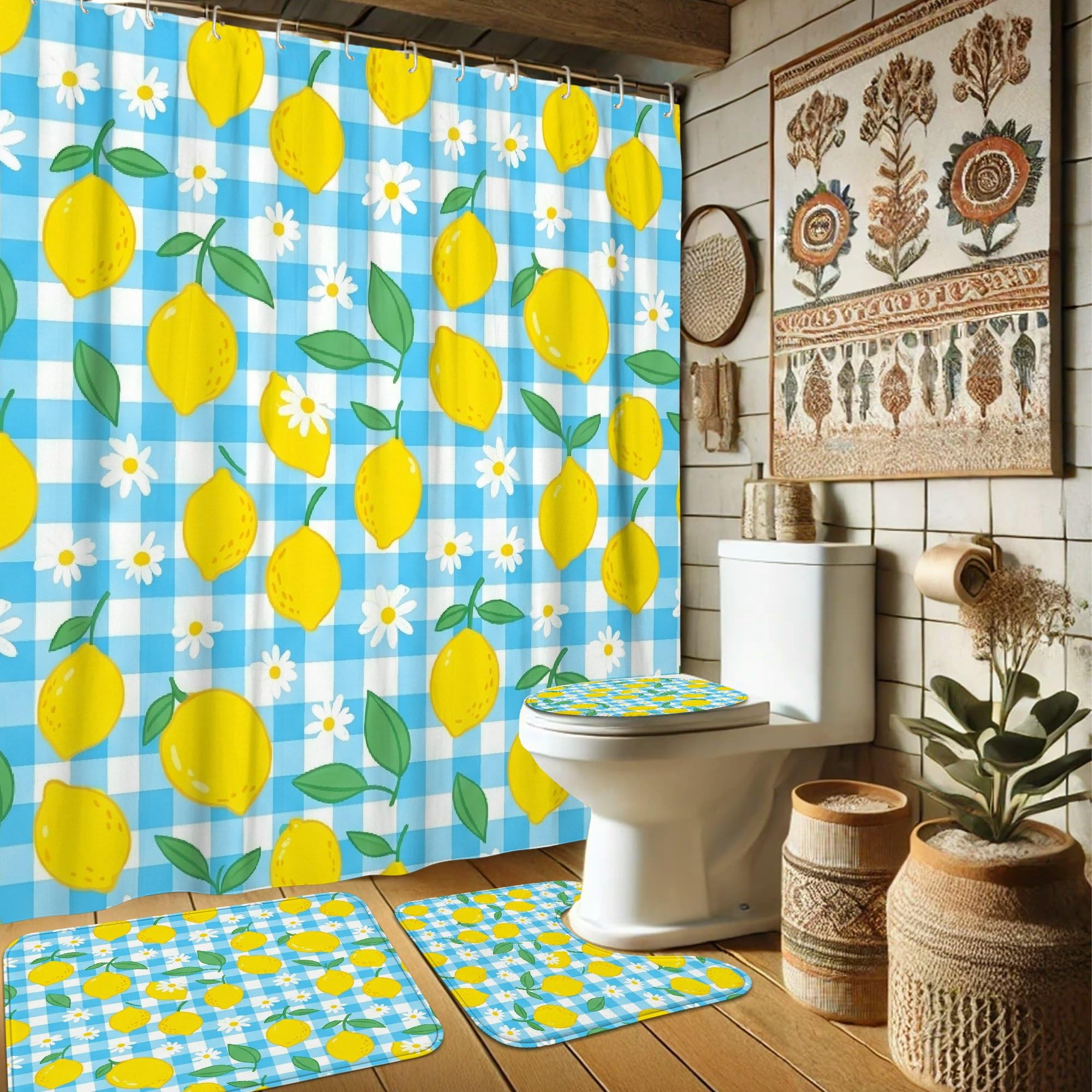 Ensemble rideau de douche 183x183 motif feuilles chrysanthème et tapis