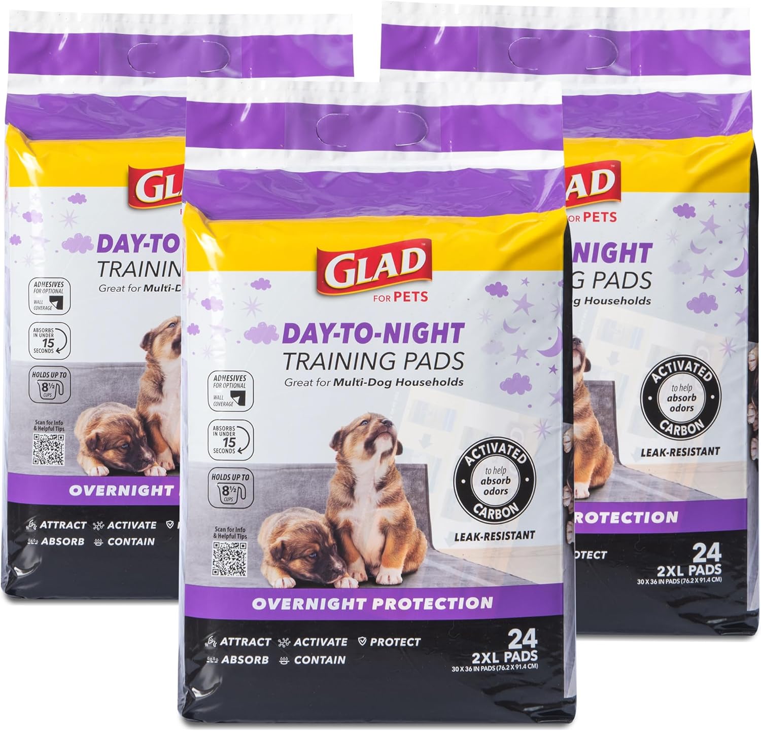 Glad for Pets Day to Night Activated Carbon Puppy Training Pads, Odor Control Disposable Dog Pads with Adhesive and Wall Protection, Leak Proof and Super Absorbent, 30 x 36 Inch, 24 Count - 3 Pack