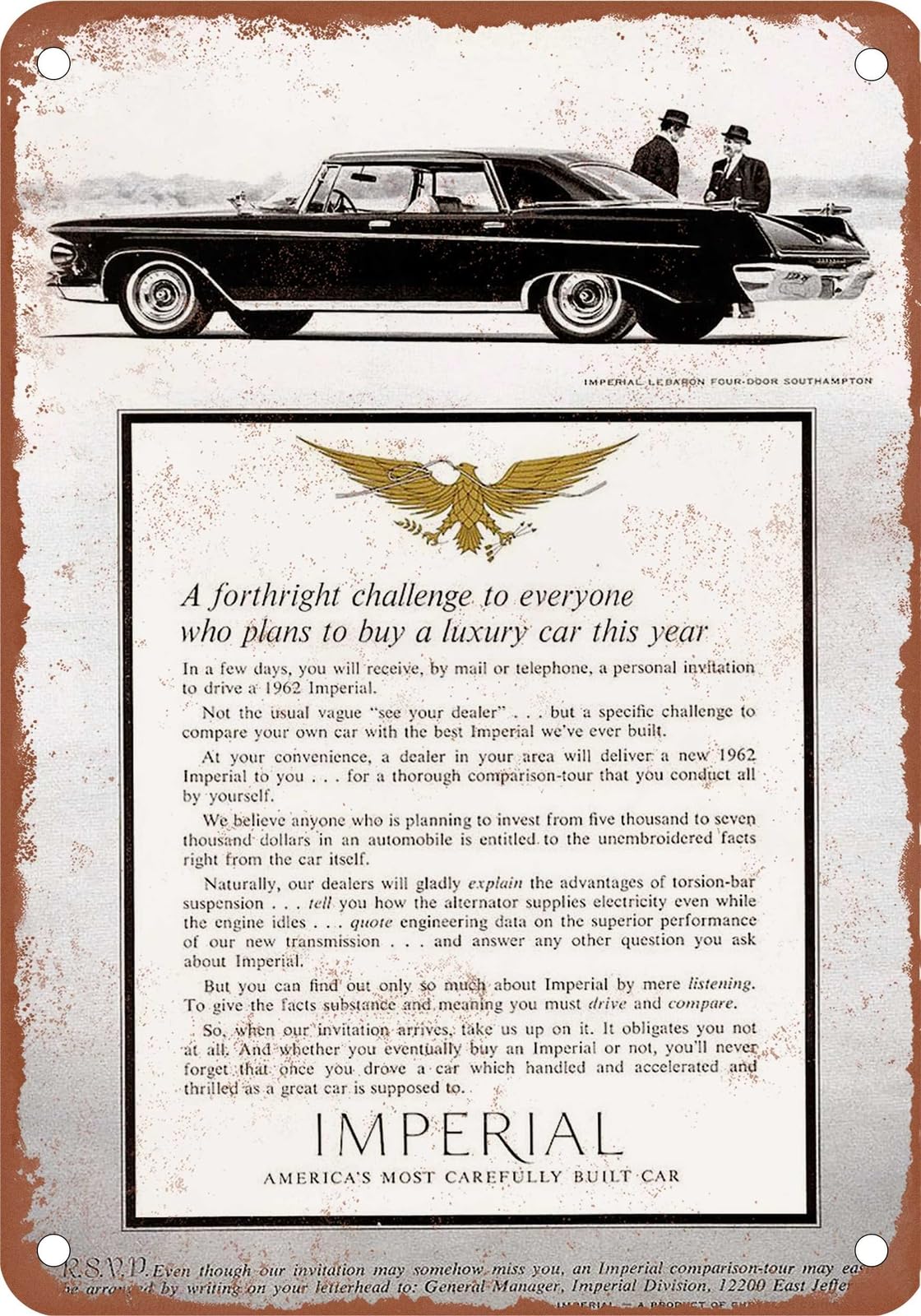 METAL SIGN - 1962 Imperial Vintage Ad 10 - Old Retro Rusty Look home decor