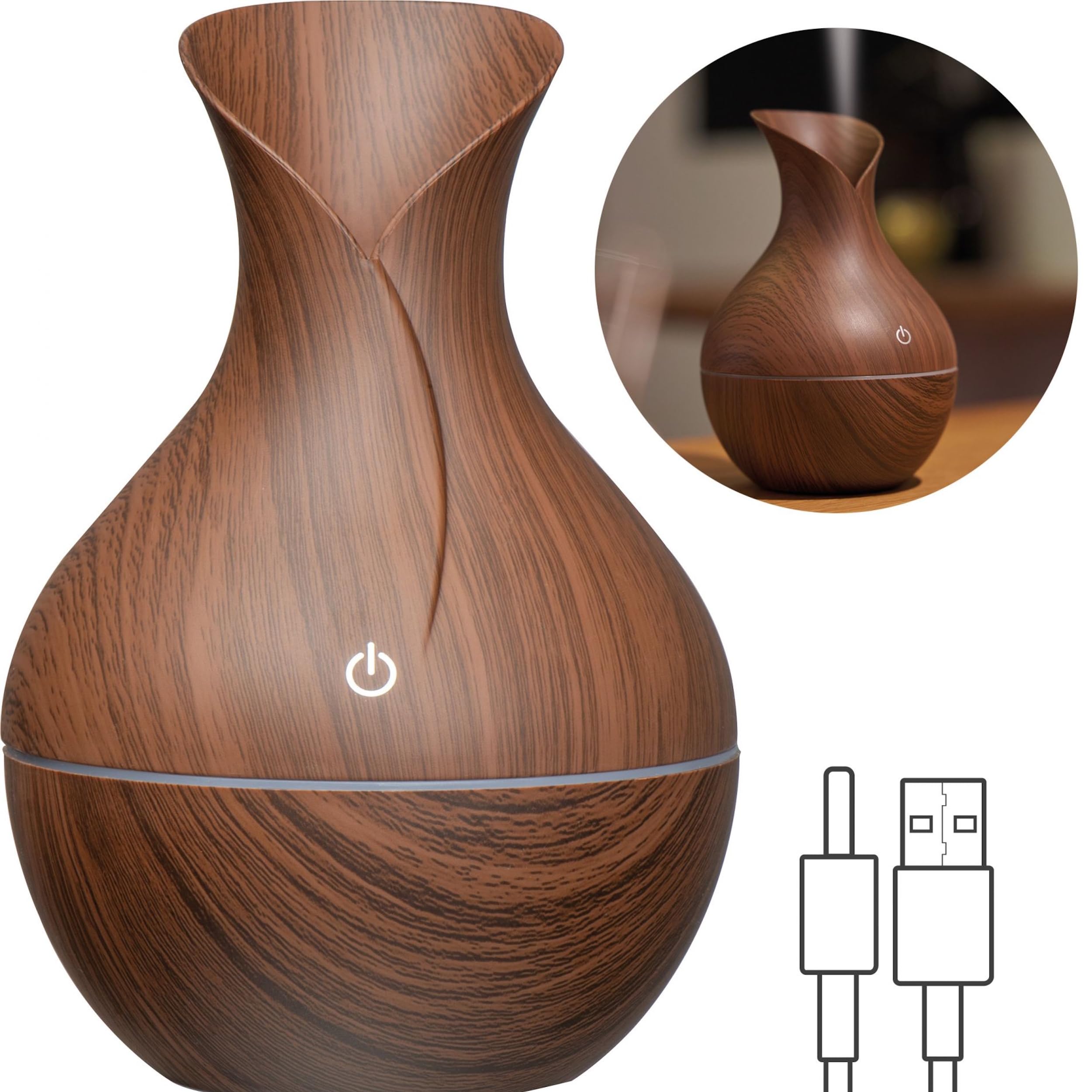 Umidificatore, effetto legno scuro, elegante diffusore di aromaterapia, cavo di ricarica USB, ambiente migliorato, design elegante, ideale per ogni stanza, crea il proprio profumo