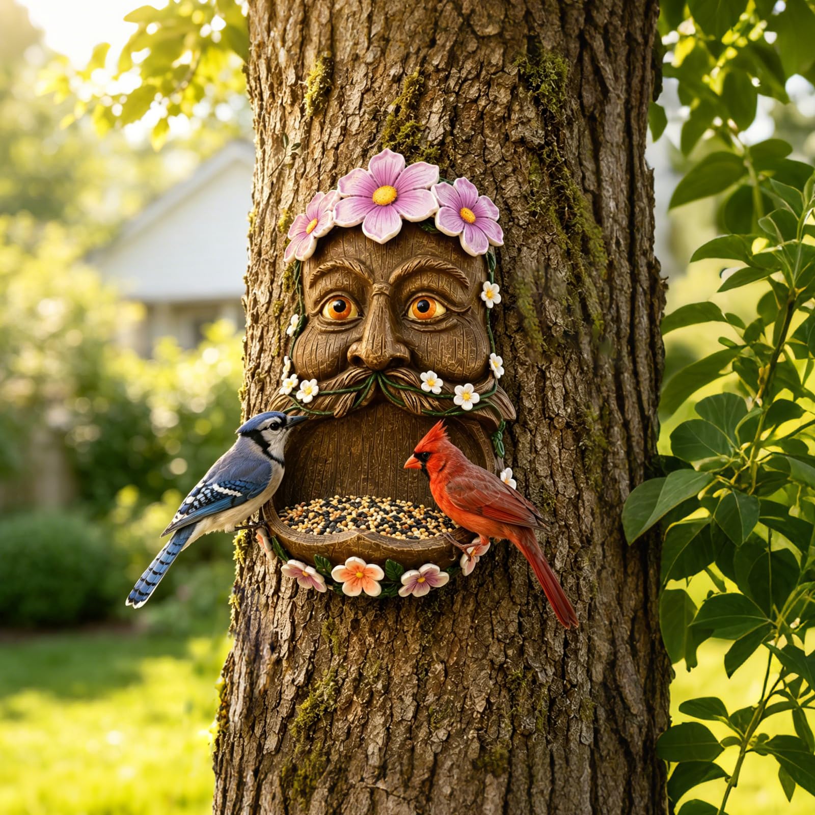 Bird Feeder Tree Face with Flowers for Wild Birds, Garden Ornaments Outdoor
