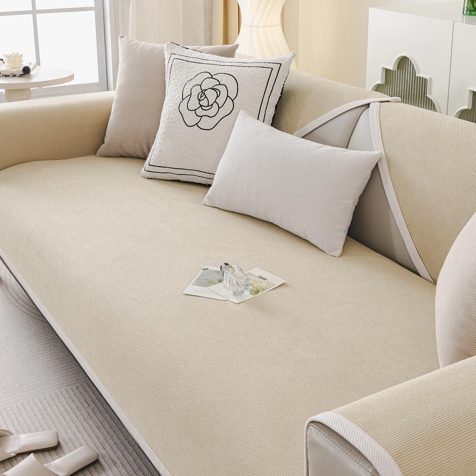 AMFUN Corduroy Sofa Covers, Soft &Washable, Non-Slip Sofa Slipcovers, Pet Couch Covers, Sofa Cushion Coversor for Living Room Furniture Protection(Milk Coffee Color, 70x180cm)