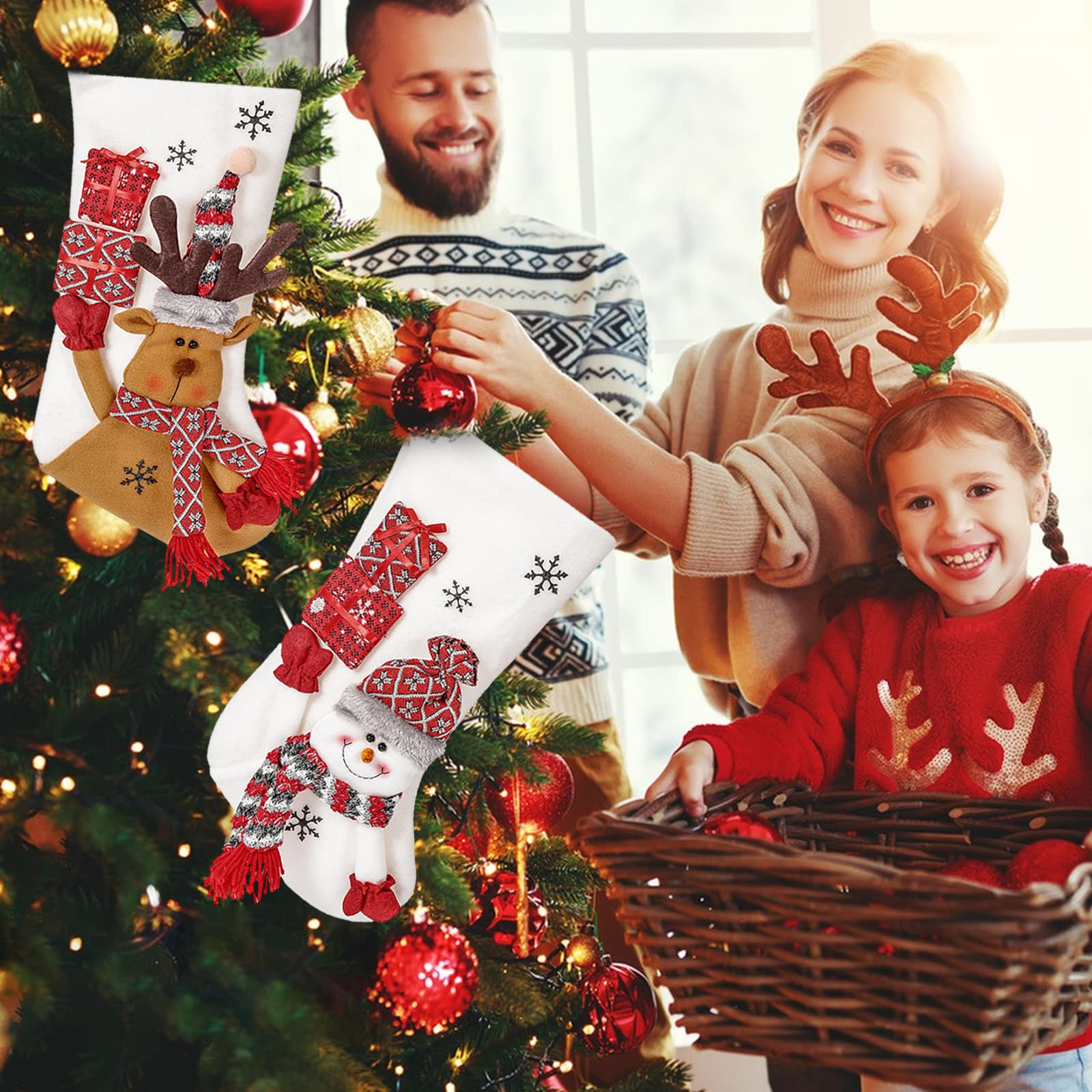 LumiSyne 3er Set Weihnachtsstrumpf 49cm Groß Nikolausstiefel Weiß Plüsch Mit Weihnachtsmann, Schneemann, Rentier Weihnachtssocken Geschenktüte Hängende Strümpfe Für Kamin Weihnachtsbaum Weihnachtsdeko