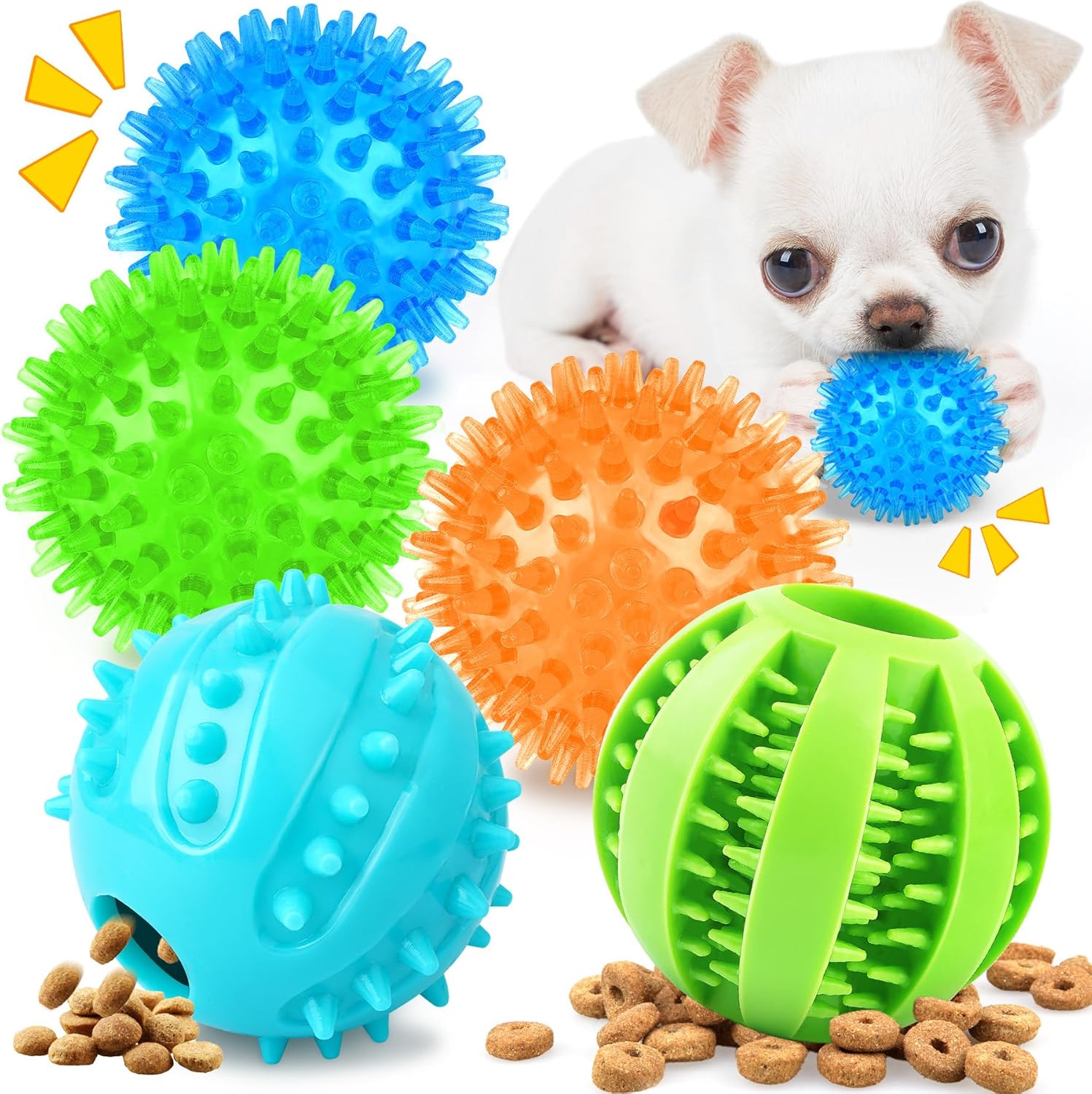 Puppy Toys Dog Balls, 5 Pack Interactive Dog Toys, 2.5″ Squeaky Balls and Treat Balls, Dog Chew Toys for Small to Medium Dogs Teething and IQ Training