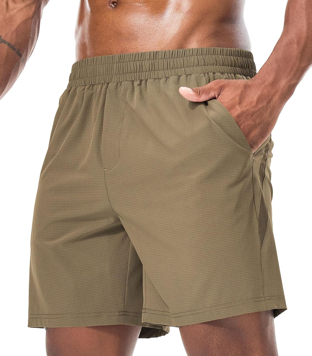 Surenow Mens Workout Athletic Shorts Quick Dry Running Shorts Gym Lightweight Breathable Mesh Shorts for Men with Zip Pocket Khaki