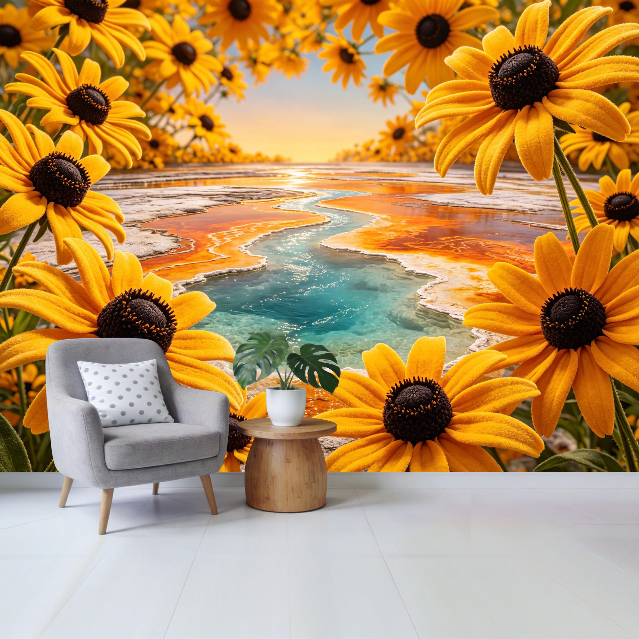Qzlithotic Yq2605250535 Custom Size Wall Mural Golden Yellow Daisy Flowers Thermal Hot Spring Landscape Botanical 3D Trompe L'oeil Selfadhesive Wall Fabric Removable Wallpaper For Home Office Decor