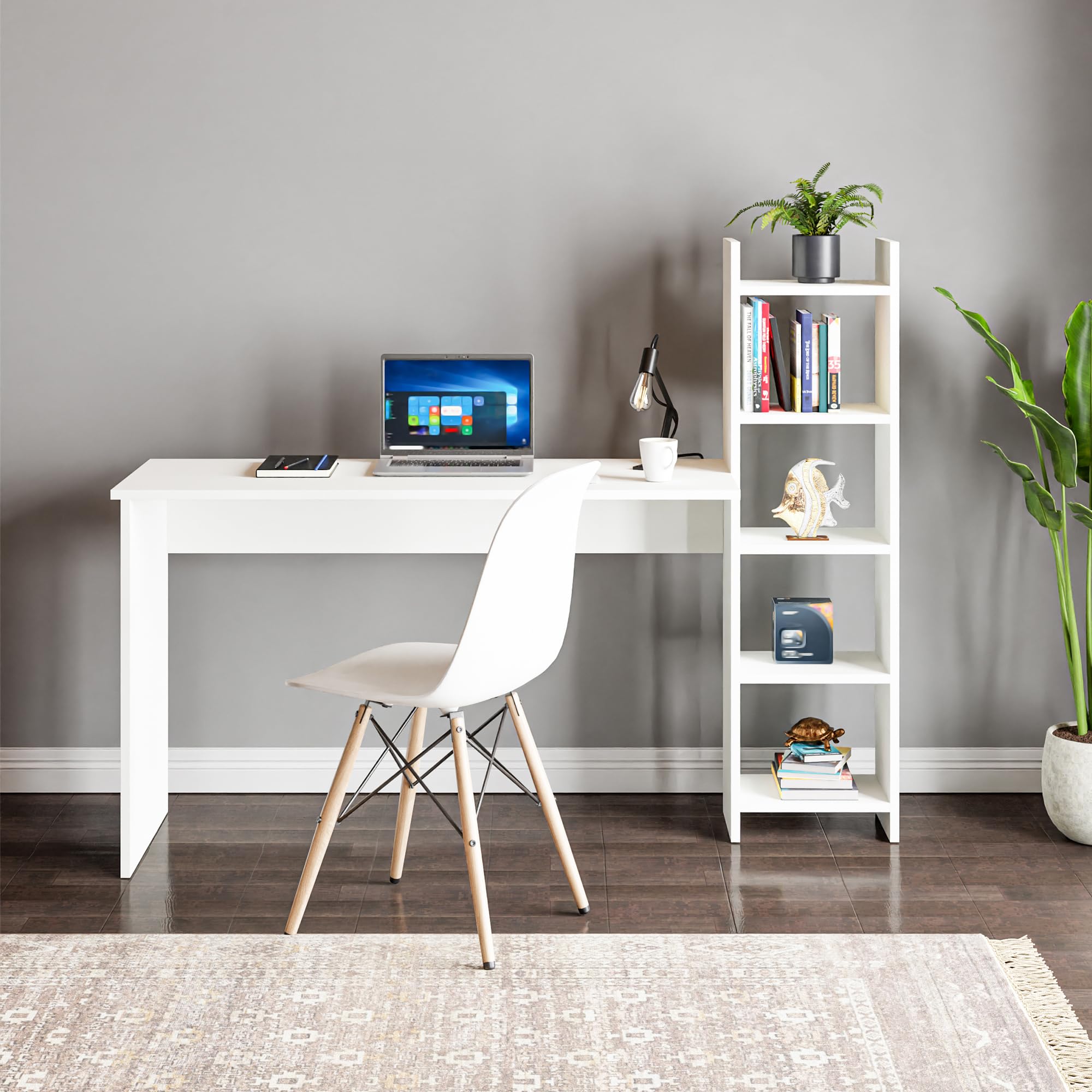 [en.casa] Scrivania con Scaffale Integrato Tavolo da Ufficio Studio con Piano 120 x 45 cm e Ripiani Laterali Postazione PC Lavoro con Scomparti Aperti per Archiviazione - Bianco