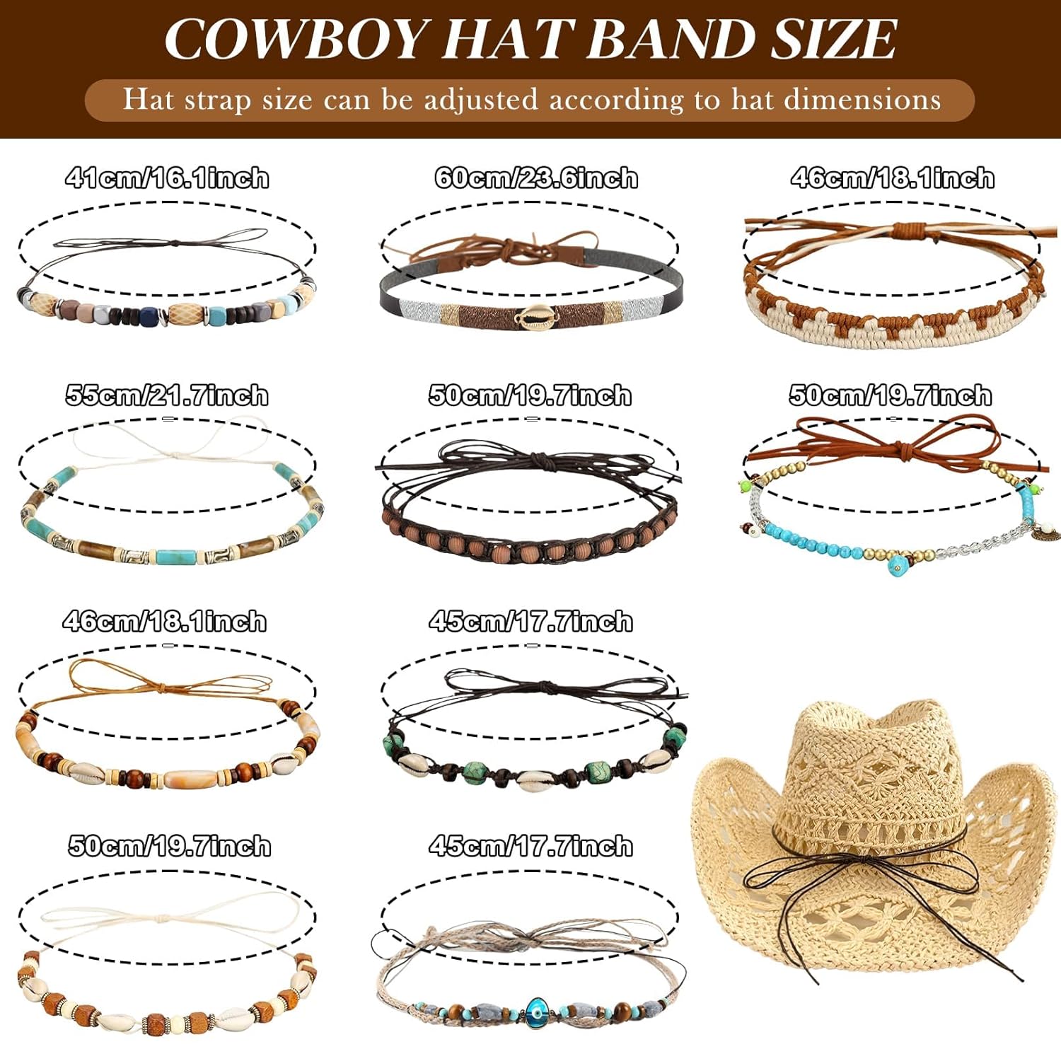 10 PCS Braided Cowboy Hat Bands for Men Women Western/Fedora/Panama Hat Belts Cowgirl Hatbands Cowboy Supply Hand Made Replacement - Image 4