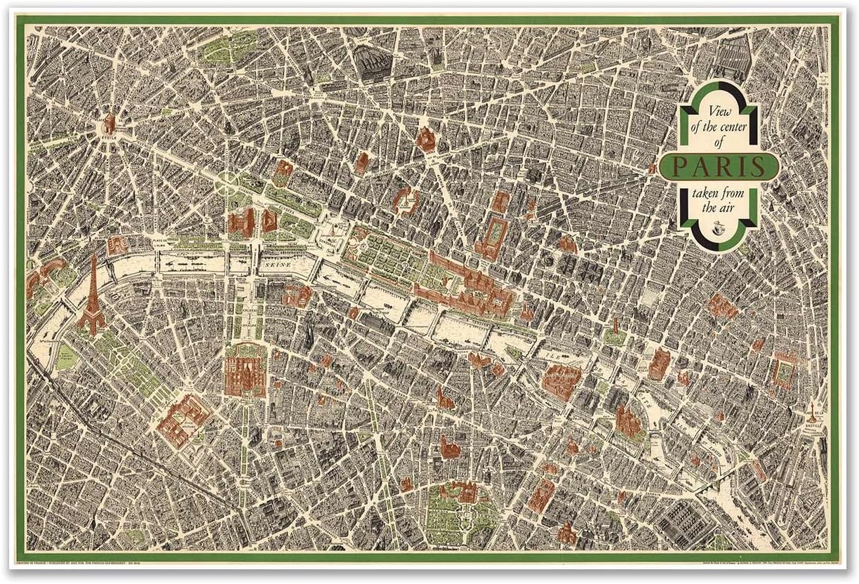 Amazon.com: Aerial View Pictorial Street Map Of Paris France Circa 1959 - Measures 24 Inches X 36 Inches (610 Mm X 915 Mm): Posters & Prints