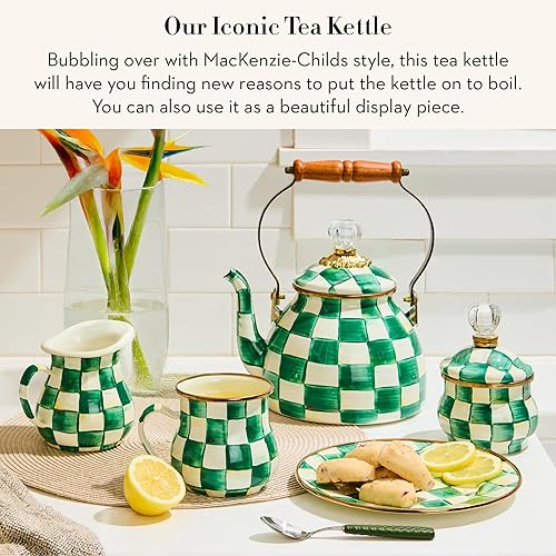 Miniatura 2 de MACKENZIE-CHILDS Hervidor de té esmaltado, elegante tetera para estufa, cuadros esmeralda verde y blanco, 2 cuartos de galón