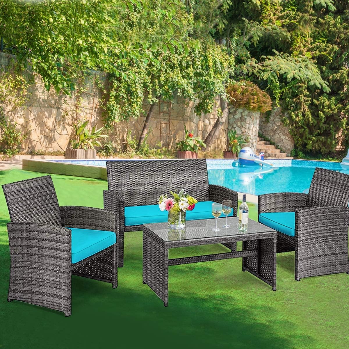 DORTALA 4 Piece Patio Furniture Set, Outdoor Wicker Conversation Set with Soft Cushions & Tempered Glass Coffee Table, Rattan Patio Sofa Bistro Sets for Courtyard Balcony, Turquoise
