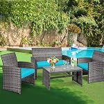 DORTALA 4 Ensemble de meubles de patio, ensemble de conversation en osier extérieur avec coussins souples & Table à café en verre trempé, Sets de bistro de patio de Rattan pour Balcon Courtyard, Turquoise