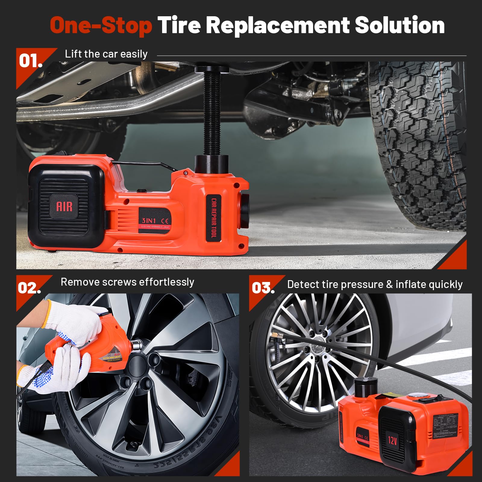 Gato hidráulico eléctrico con Llave de Impacto, compresor de Aire y maletín de Transporte, Capacidad 5T, 150 – 530 mm, Luces LED, Funcionamiento 12 V/CC para Cambio de neumáticos y