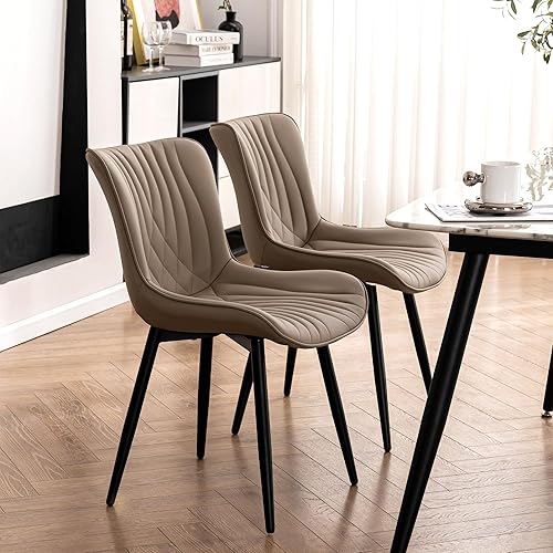 Miniatura 7 de Kidol & Shellder Juego de 2 sillas de comedor color caqui, tapizadas de piel sintética, modernas de mediados de siglo, sillas de cocina y comedor