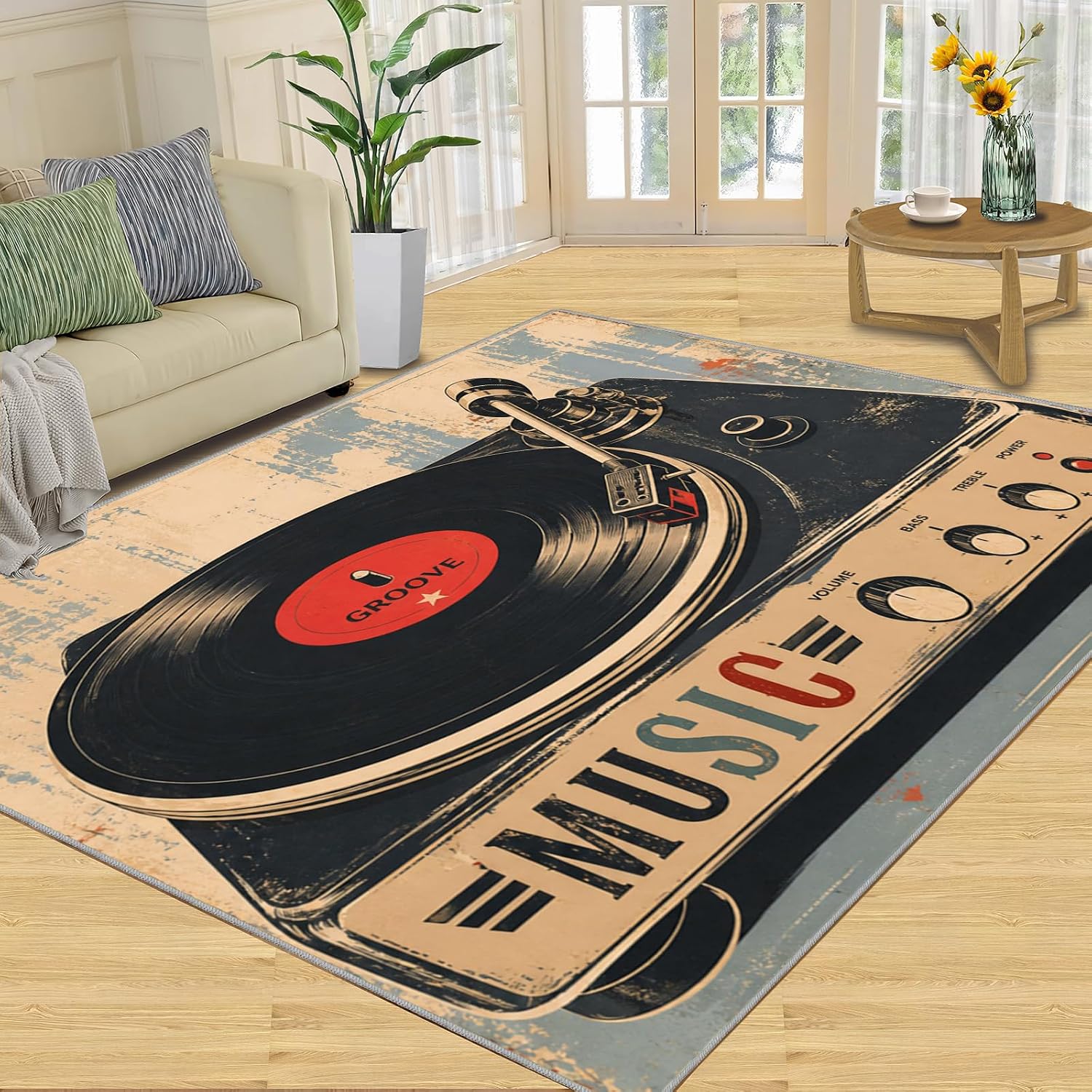 Vintage Record Player Area Rug Vinyl Turntable Music Rug 3x5ft